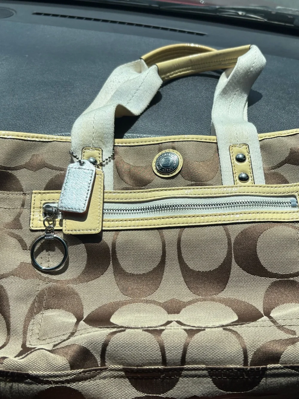 2000’s Coach Daisy Signature Tote Bag Khaki White Canvas Tote with Yellow Trim